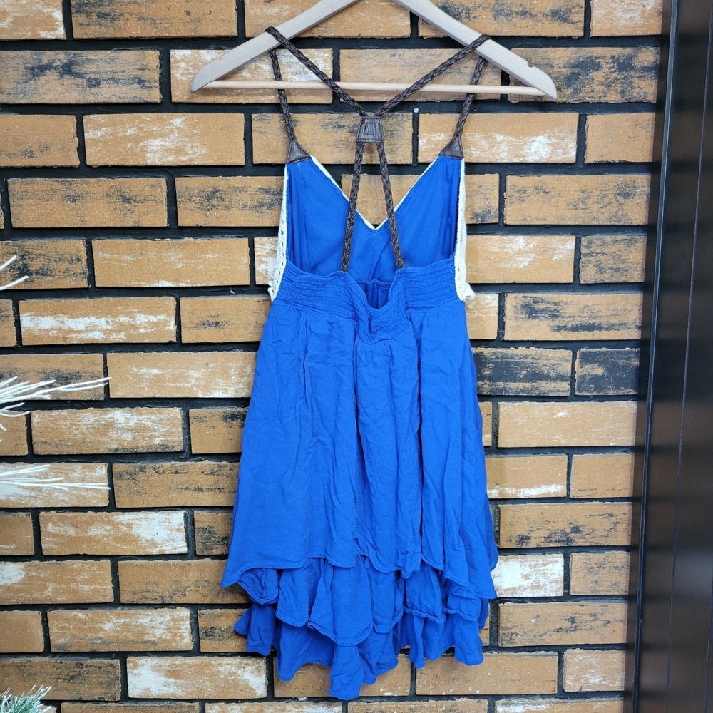 Double Zero Blue & Beige Boho Crochet Ruffled Strappy Tank Top Size S - Picture 2 of 7